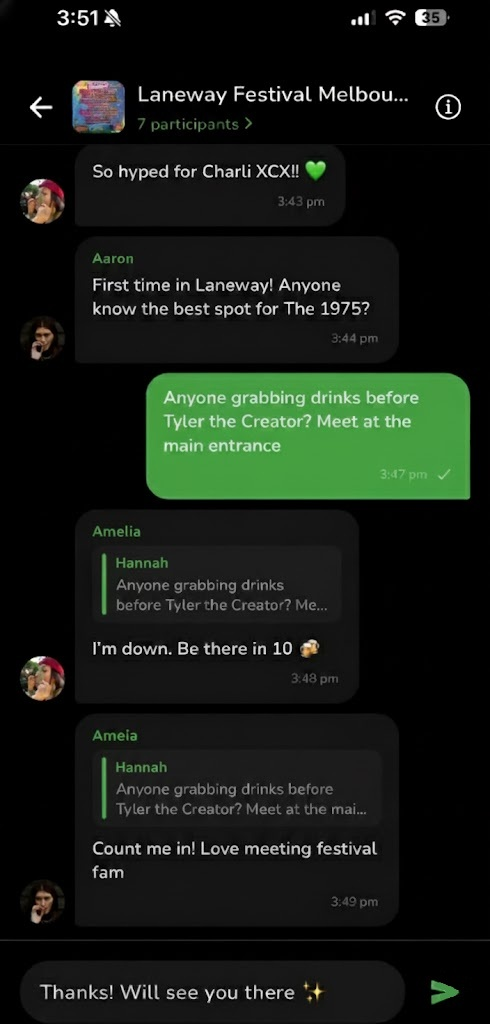 Events screen showing upcoming concerts